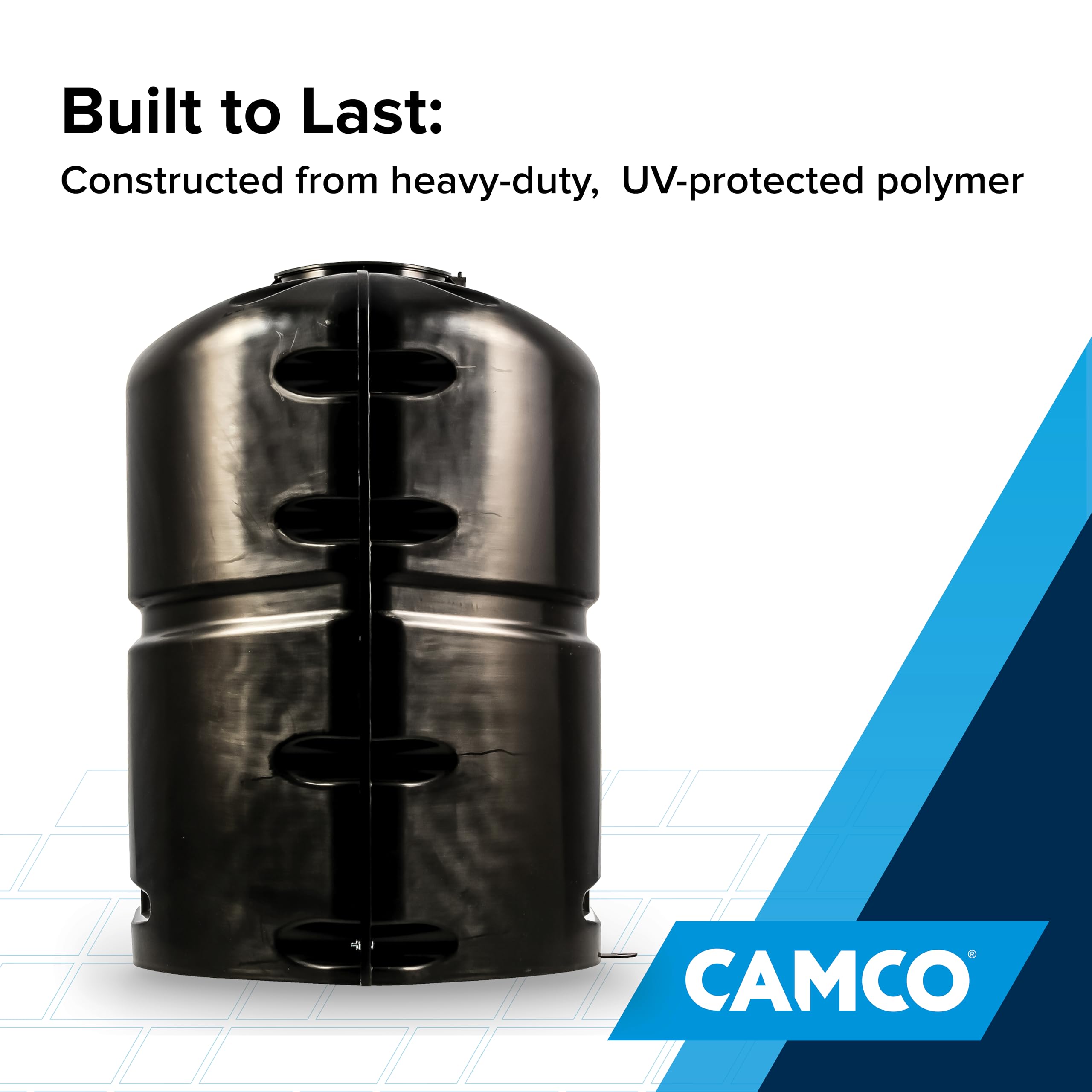 Camco cover next to 20 lb propane tank illustrating compatibility and fit
