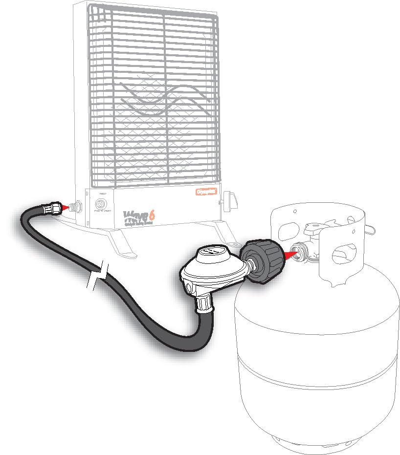 Camco regulator installed on an Olympian heater showing neat, safe in-use setup