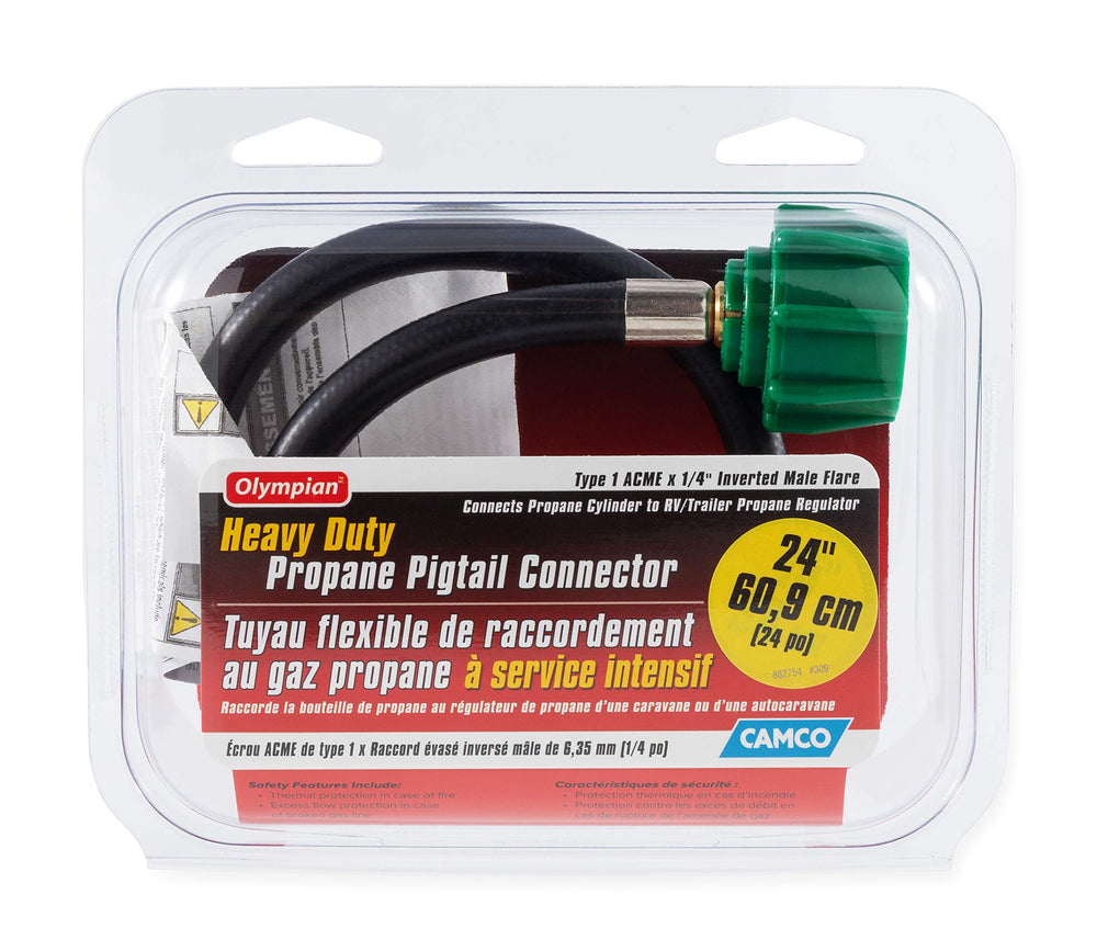 Camco hose beside a 20 lb propane tank to show scale and compatibility