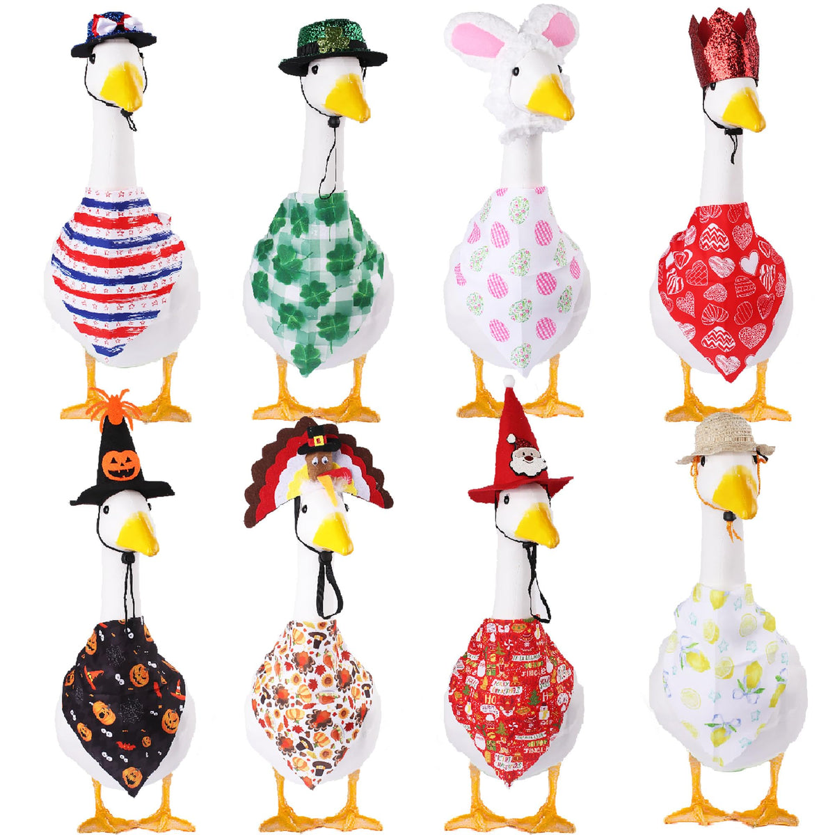 CAMDUCK full set laid out showing all eight holiday outfits and accessories