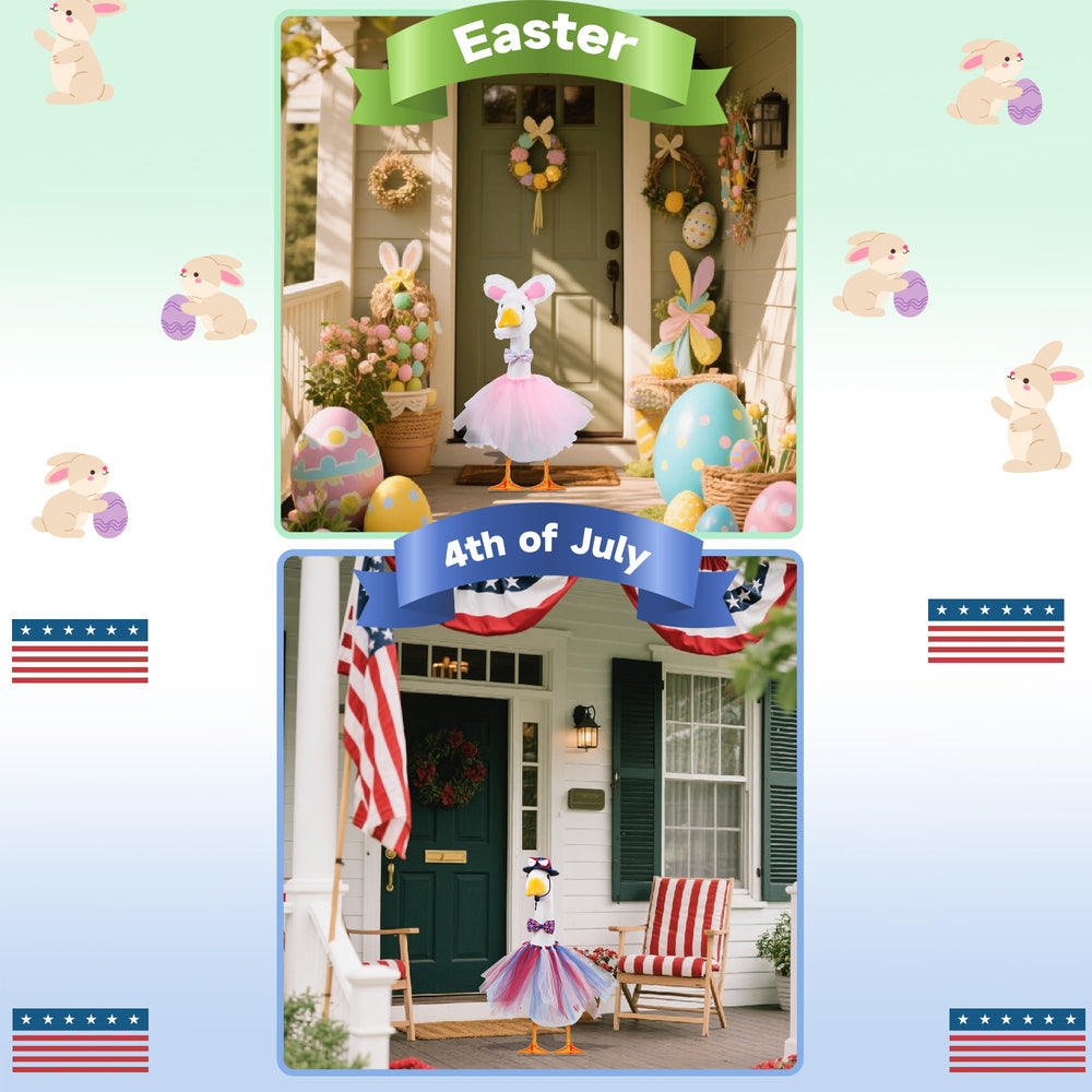 CAMDUCK goose dressed for 4th of July in yard showing patriotic display benefit