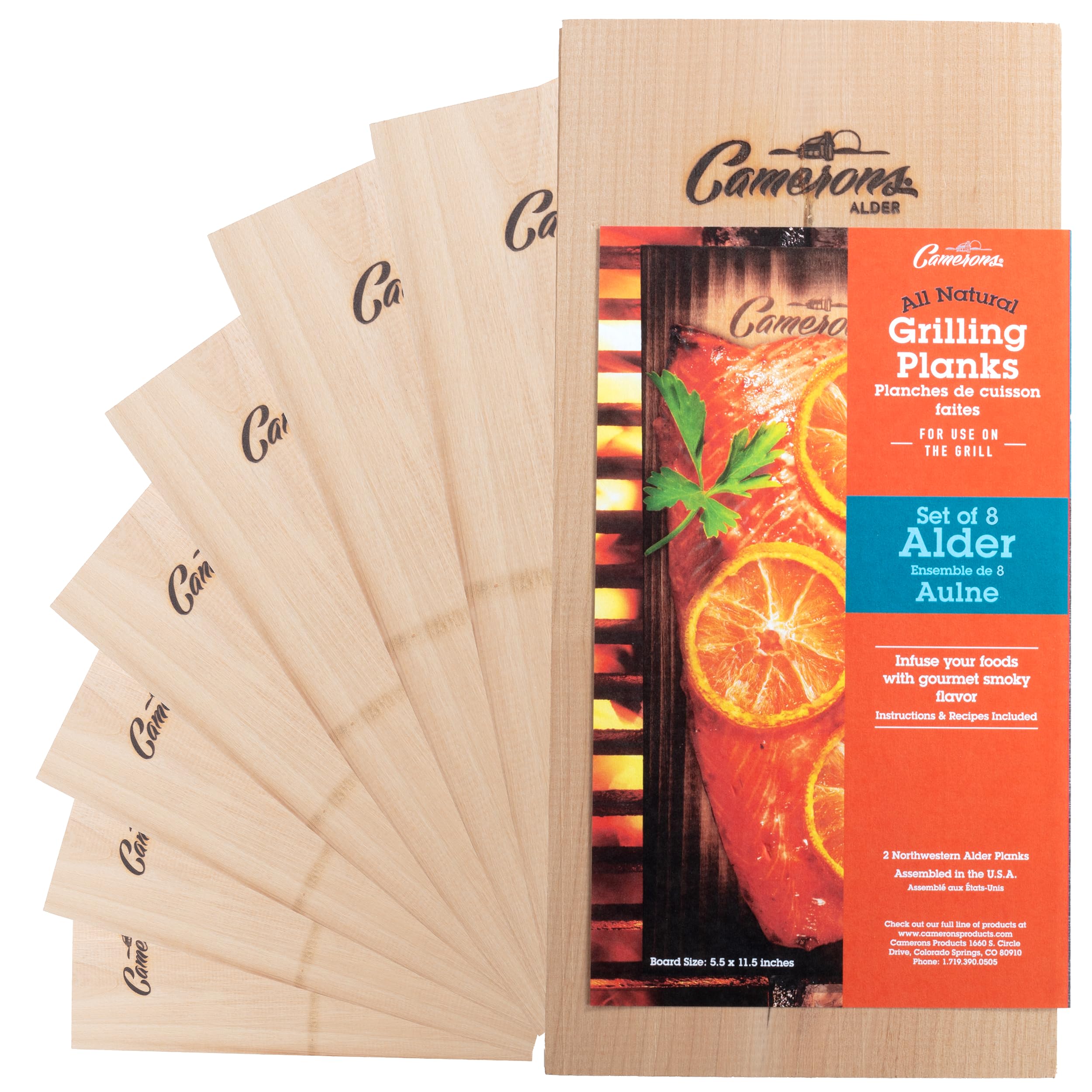 Camerons front packaging showing eight alder grilling planks and benefits