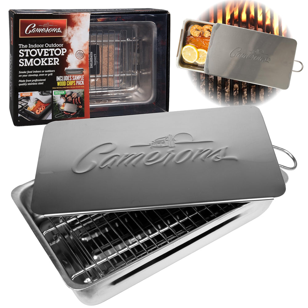 Camerons front view of stainless steel stovetop smoker showing compact design and benefit of easy smoking