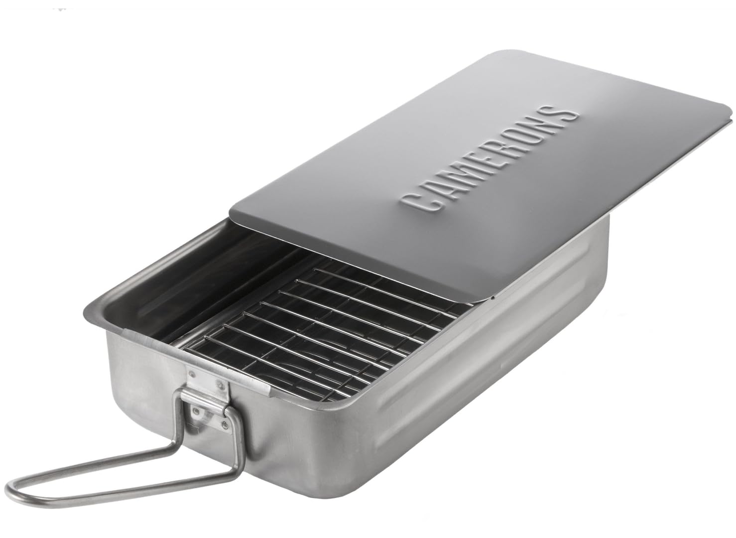 Camerons Gourmet Mini front view showing compact stainless steel smoker and folded handles for easy storage