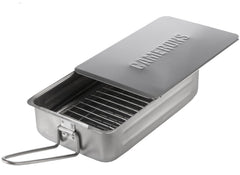 Camerons Gourmet Mini front view showing compact stainless steel smoker and folded handles for easy storage