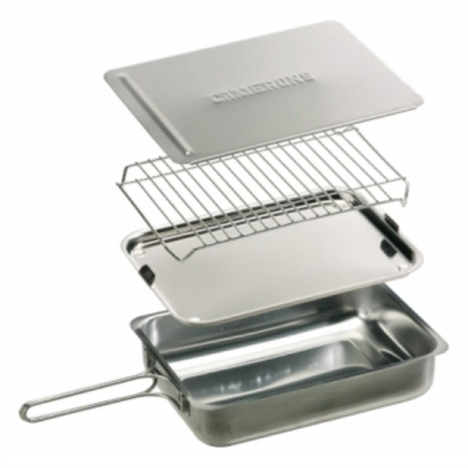 Camerons Gourmet Mini with lid open showing wood chips and stick-free rack for efficient smoking