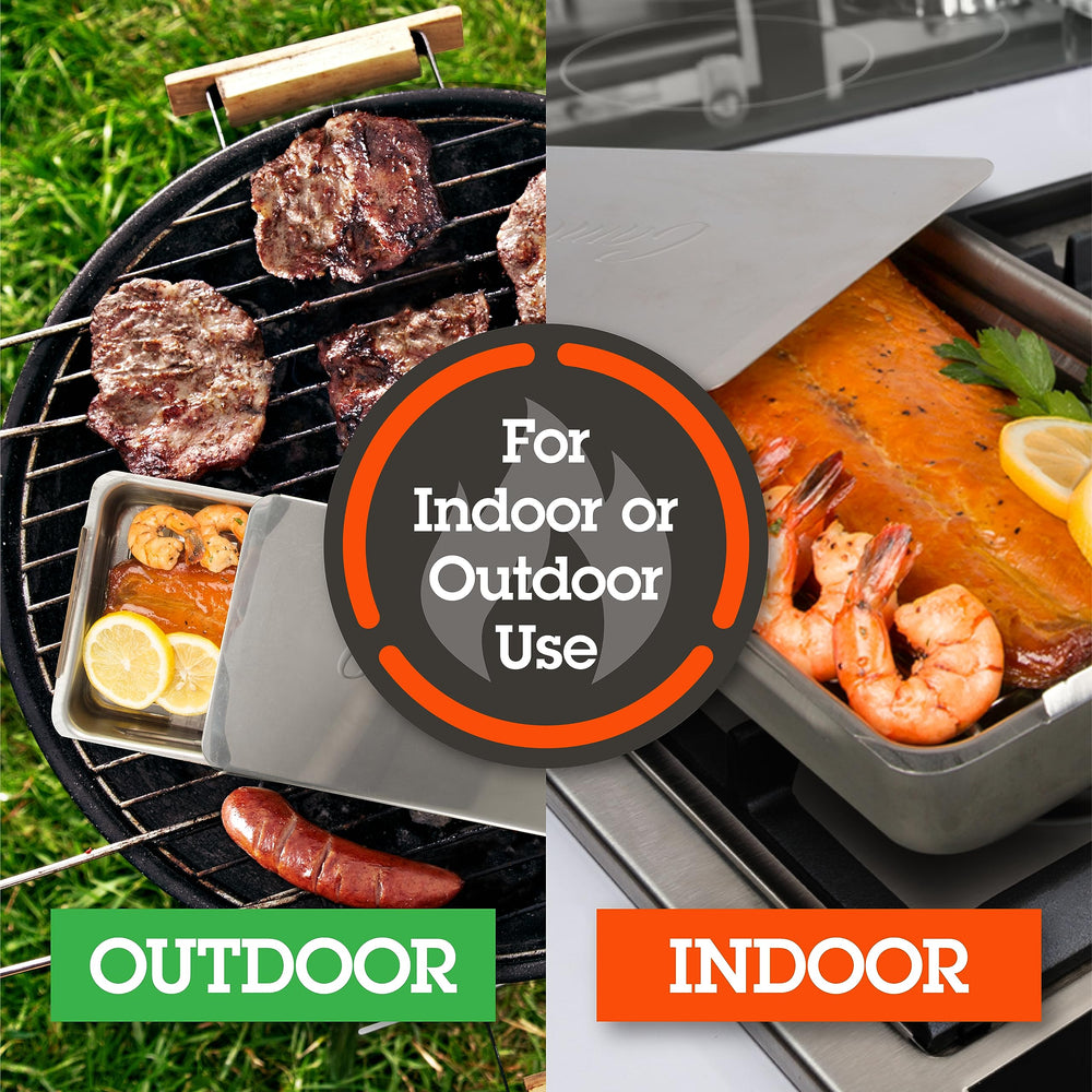 Camerons oak wood chips pack placed beside smoker showing ready-to-use natural oak smoke flavor
