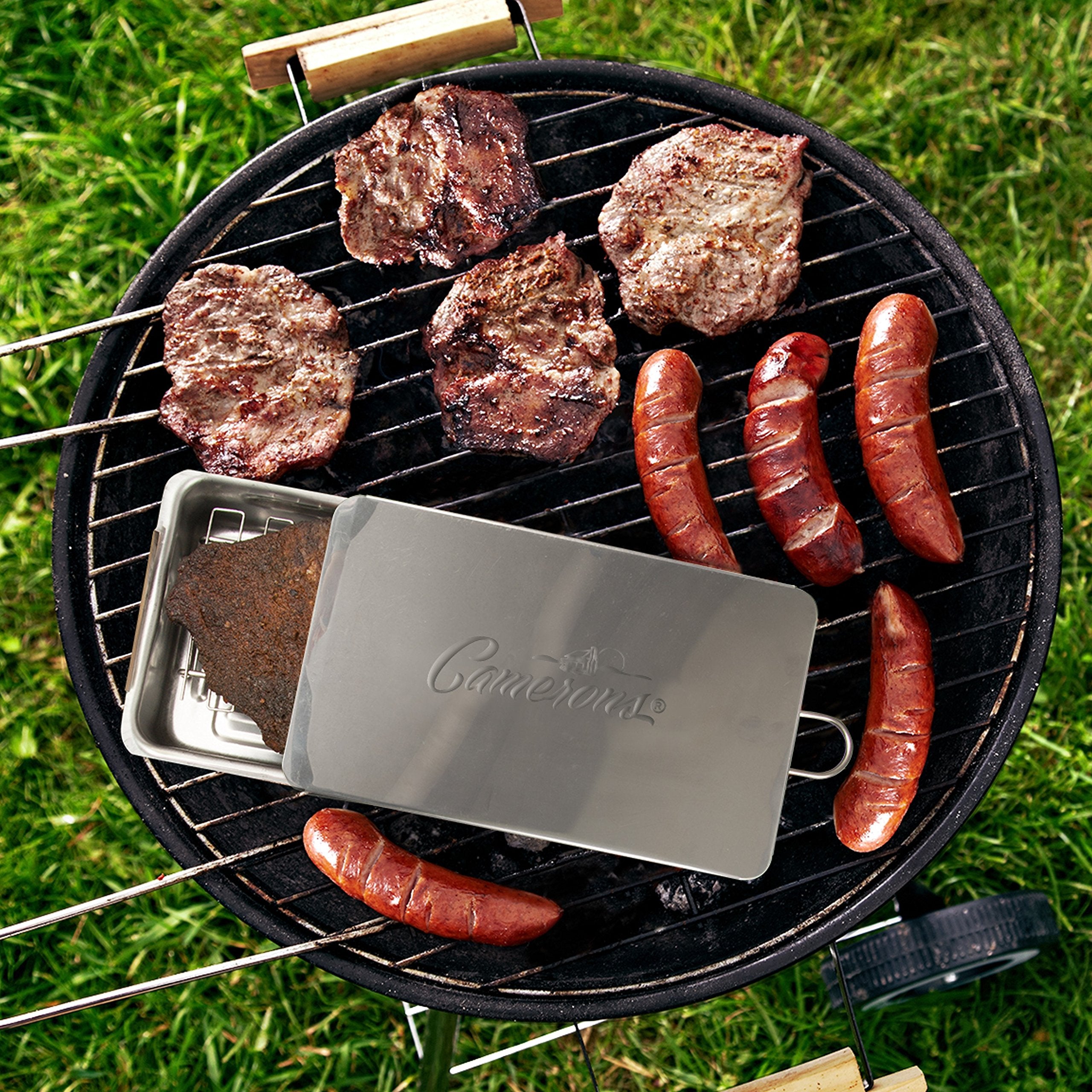 Camerons smoker on barbecue grill showing outdoor versatility and added smoky char benefits