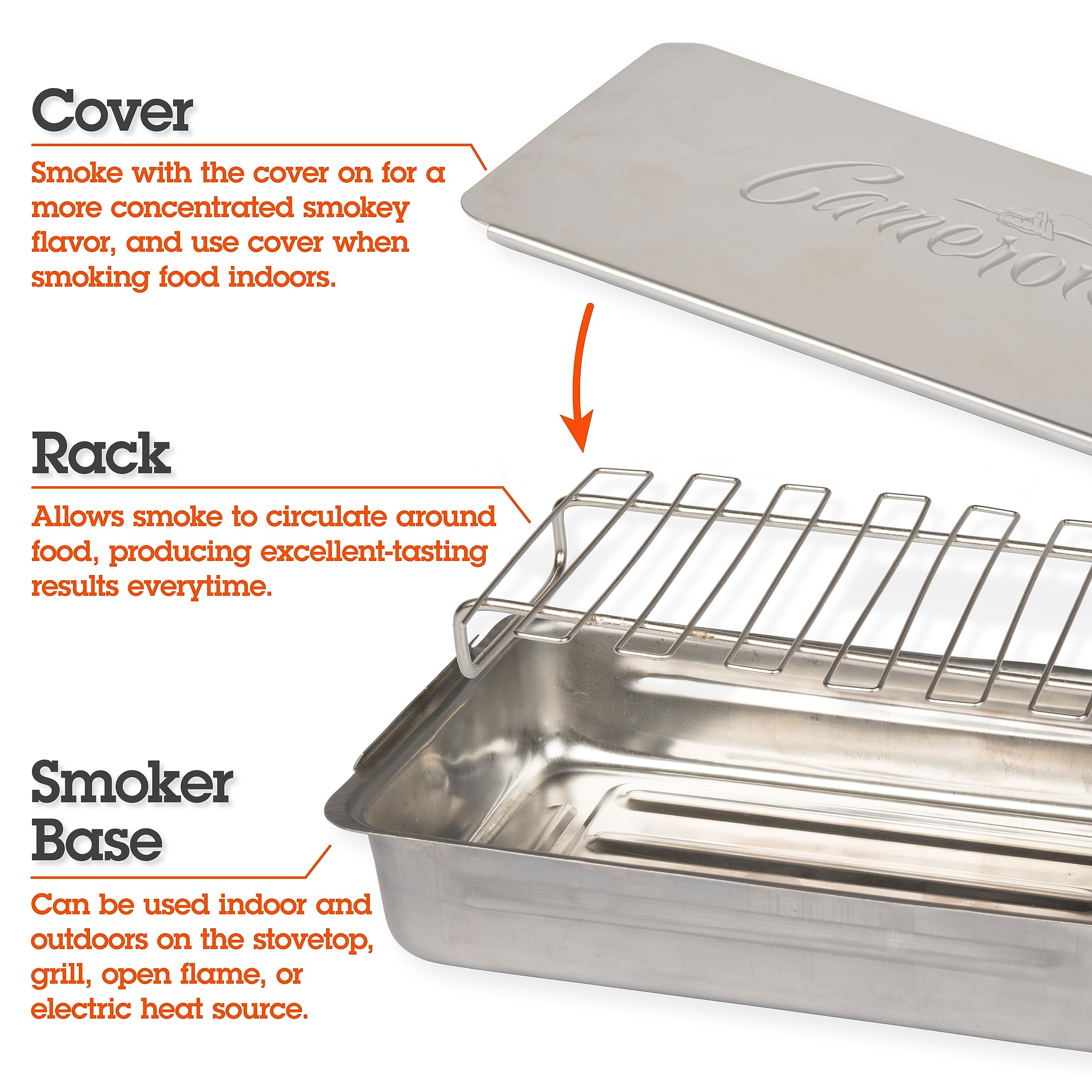 Camerons open smoker with salmon and vegetables demonstrating moist smoked results and quick infusing