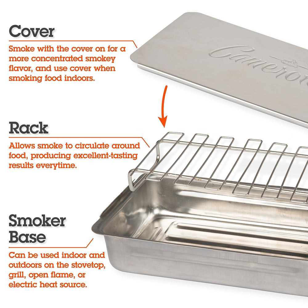Camerons open smoker with salmon and vegetables demonstrating moist smoked results and quick infusing