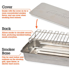 Camerons open smoker with salmon and vegetables demonstrating moist smoked results and quick infusing