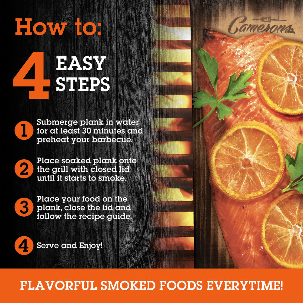 Camerons plank with grilled salmon on top illustrating moist, flavorful result