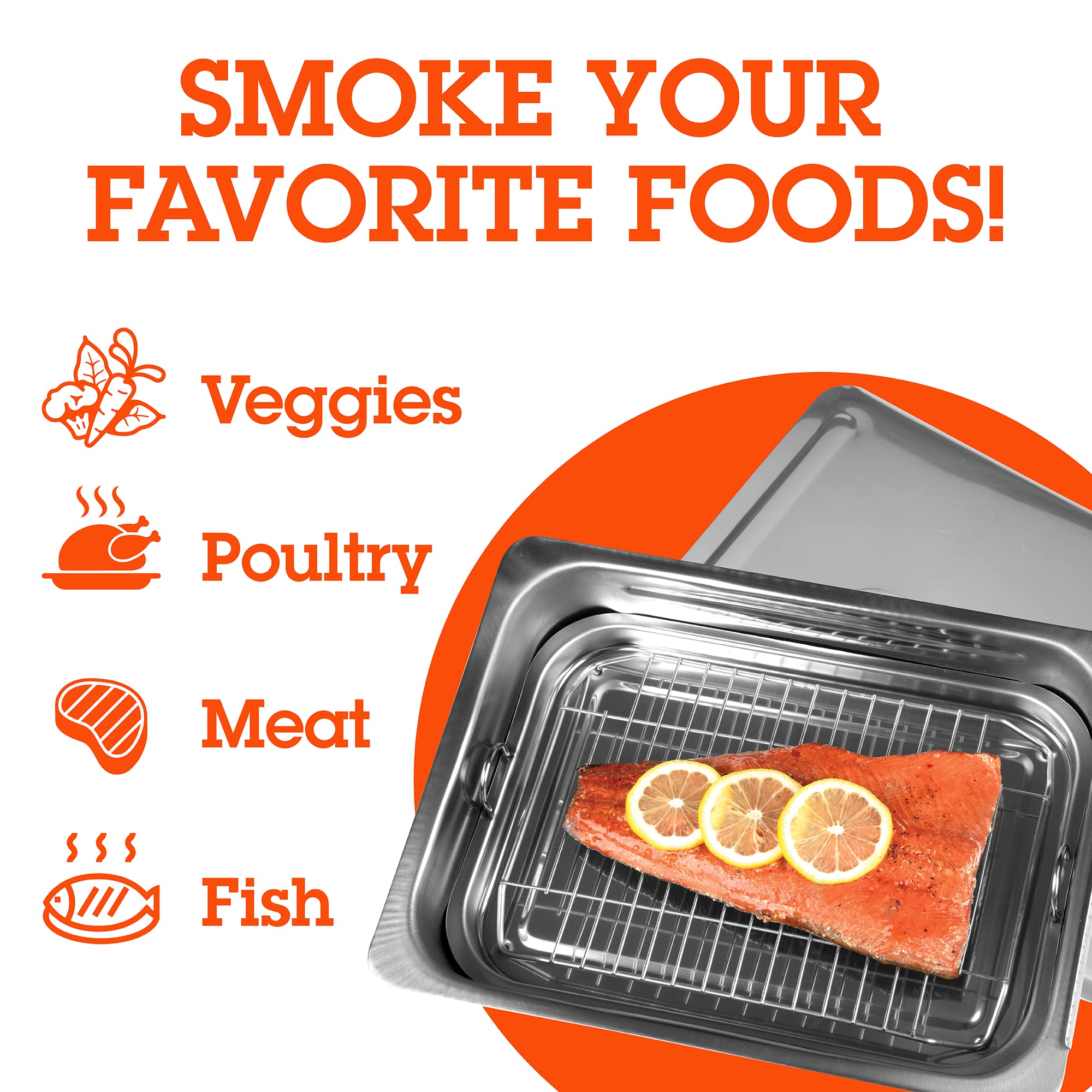Camerons stovetop smoker placed on barbecue grill for outdoor use