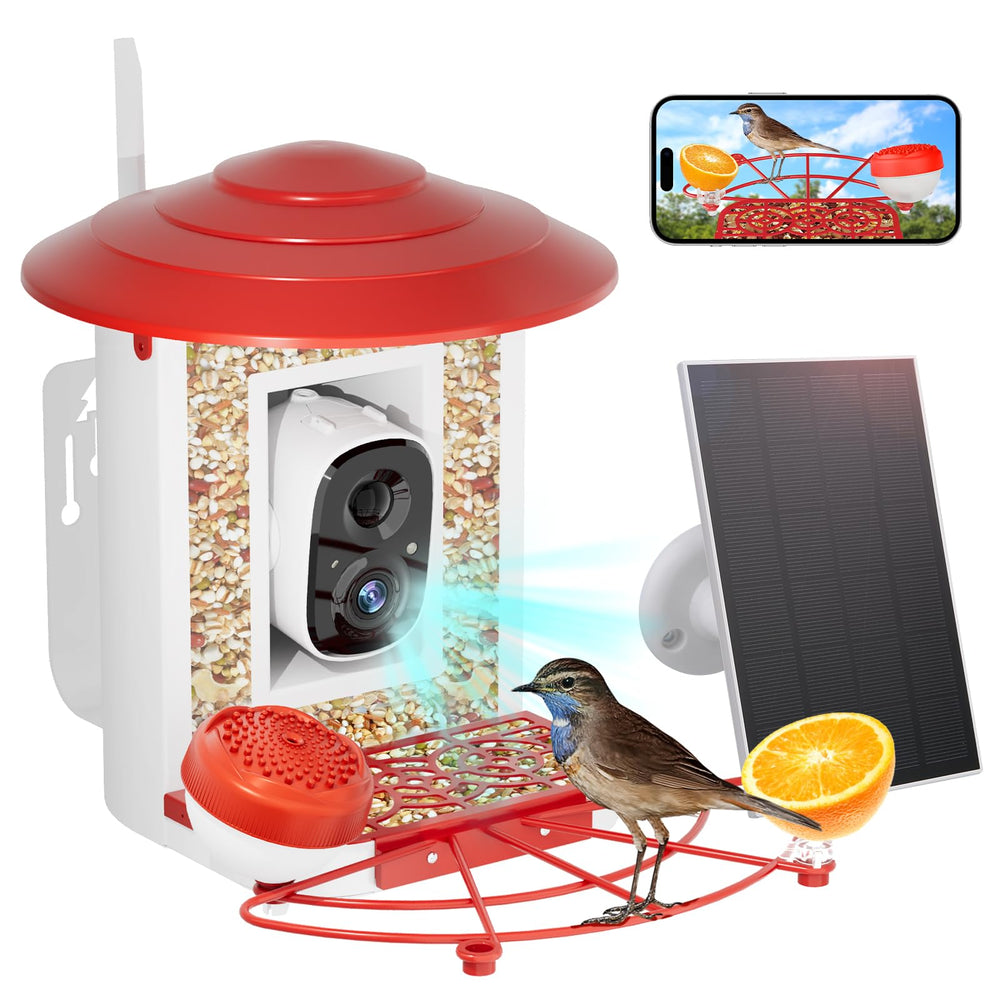 Camii front view feeder camera showing lens and feeding ports for easy observation