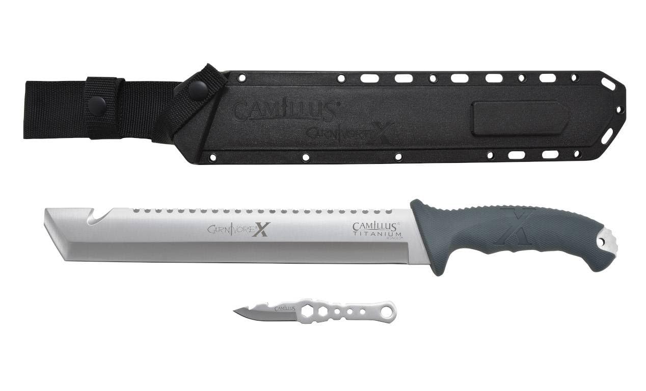 Camillus machete front view showing full blade and sheath, durable field tool