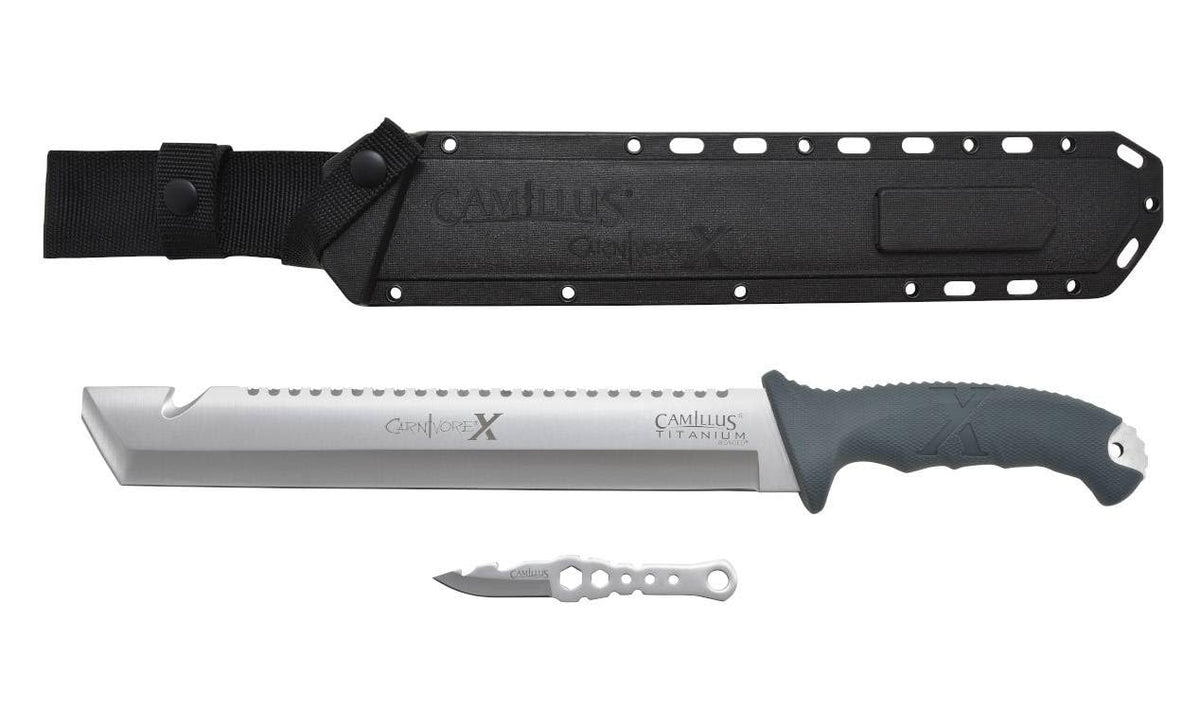 Camillus machete front view showing full blade and sheath, durable field tool
