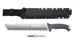 Camillus machete front view showing full blade and sheath, durable field tool