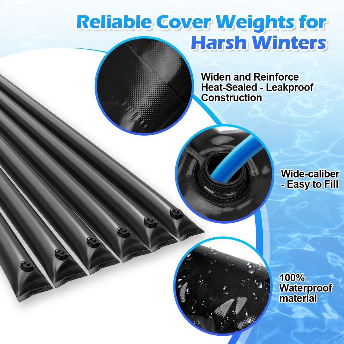 Camitlli filled water tube securing pool cover for stable anchoring