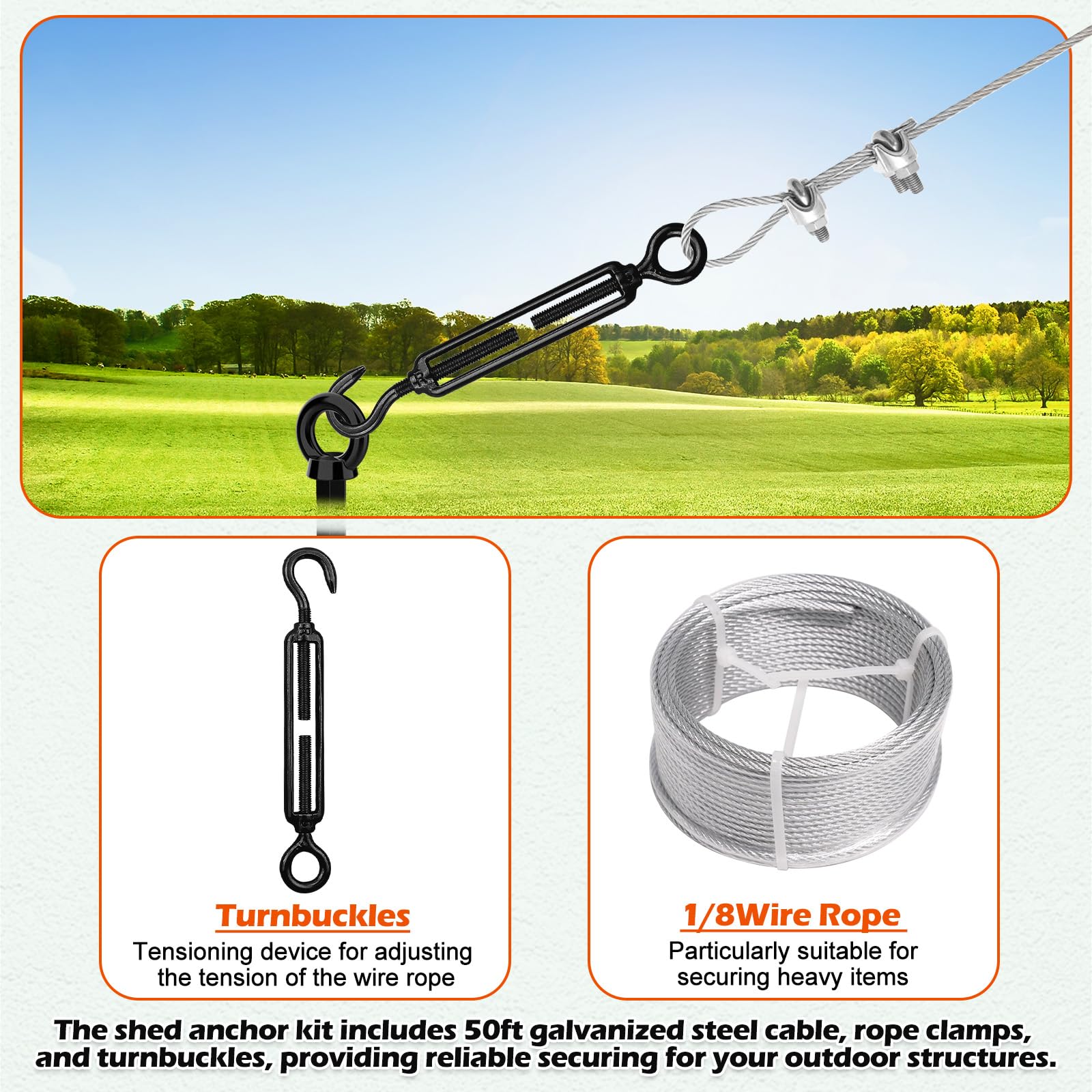 Camitlli coiled galvanized cable and clamps showing corrosion resistance benefit