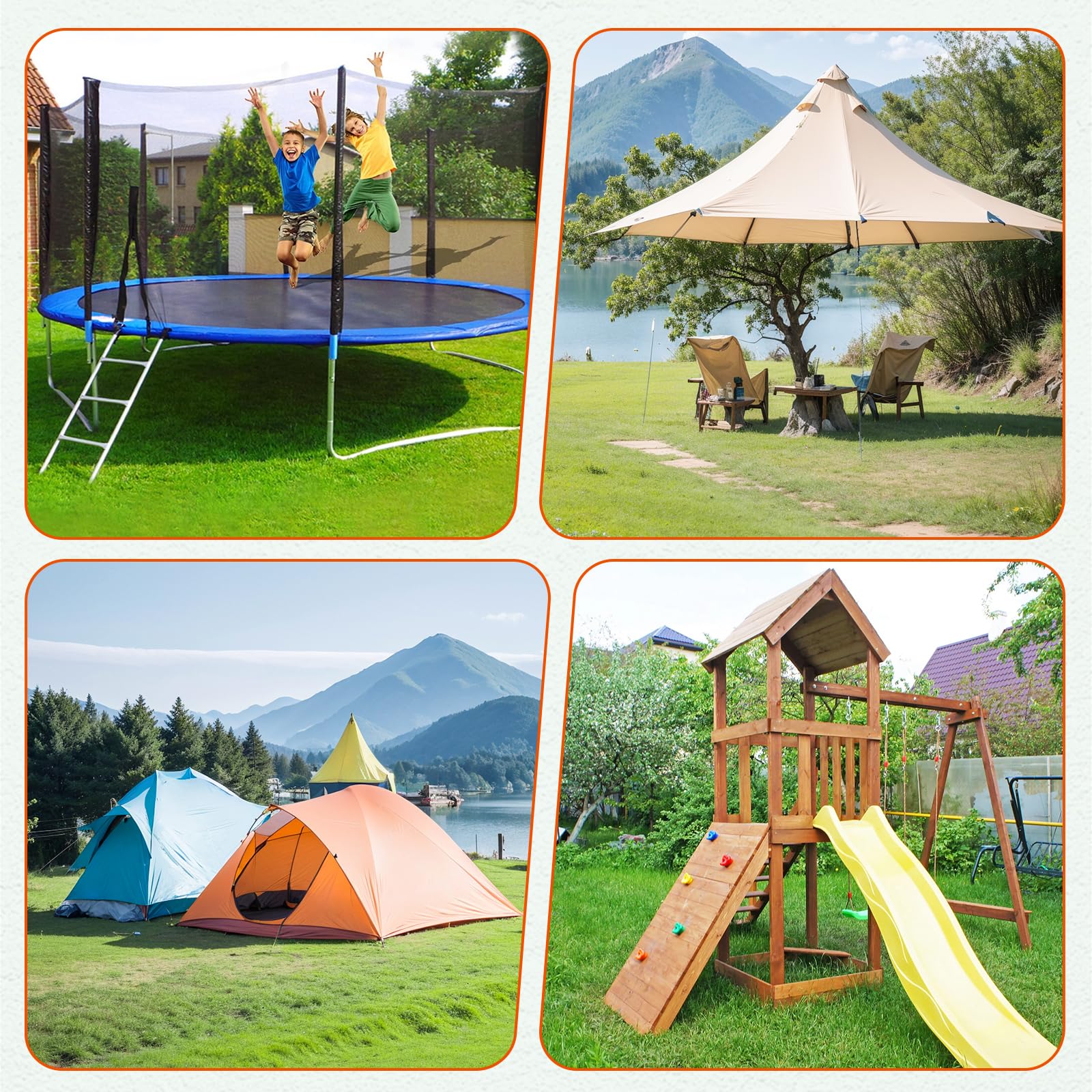 Camitlli stabilized trampoline in yard showing secure outdoor anchoring benefit