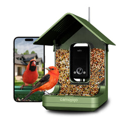 Camojojo Hibird front view showing camera and feeder, attractive backyard monitoring