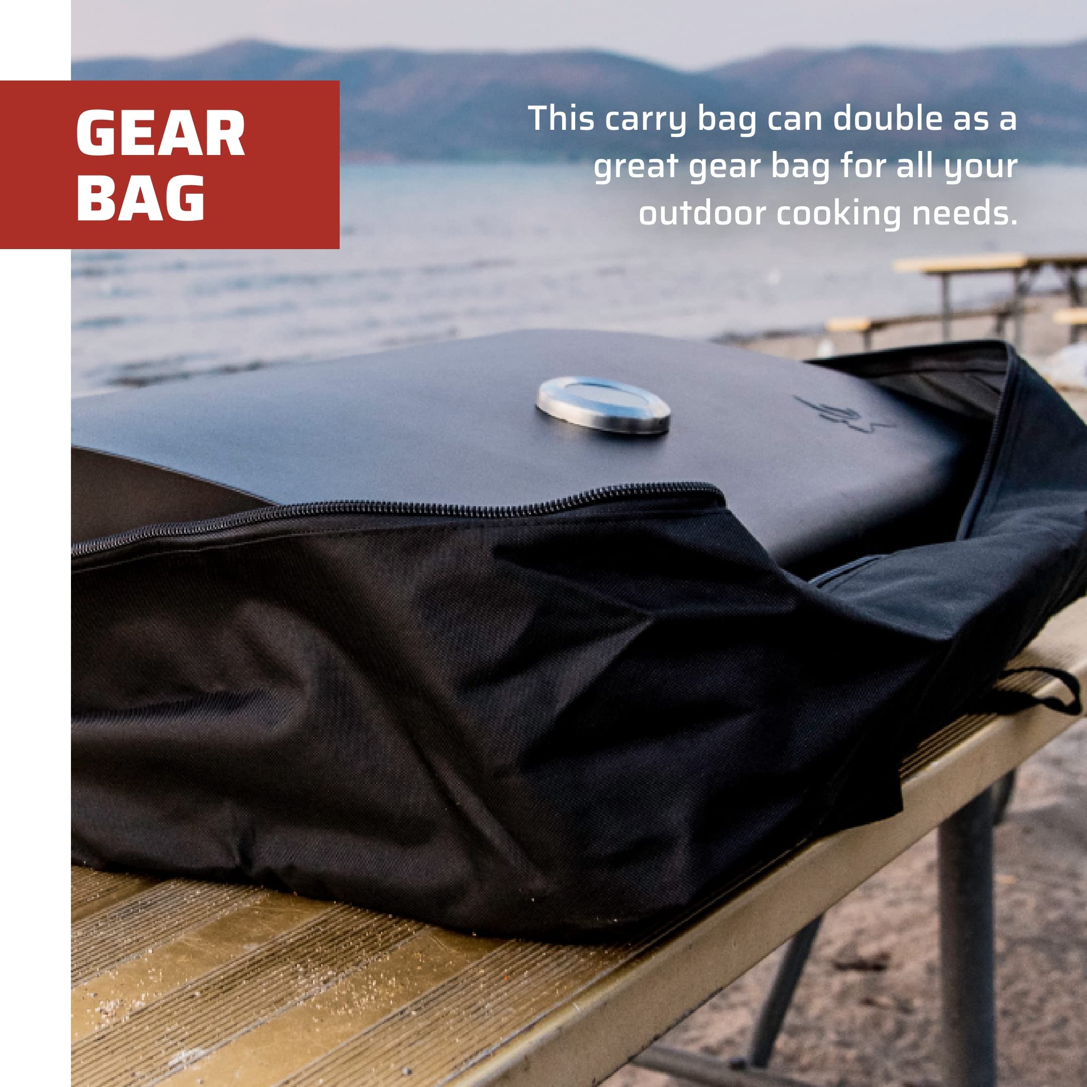 Camp Chef bag open with compatible grill inside showing tailored fit and protected transport