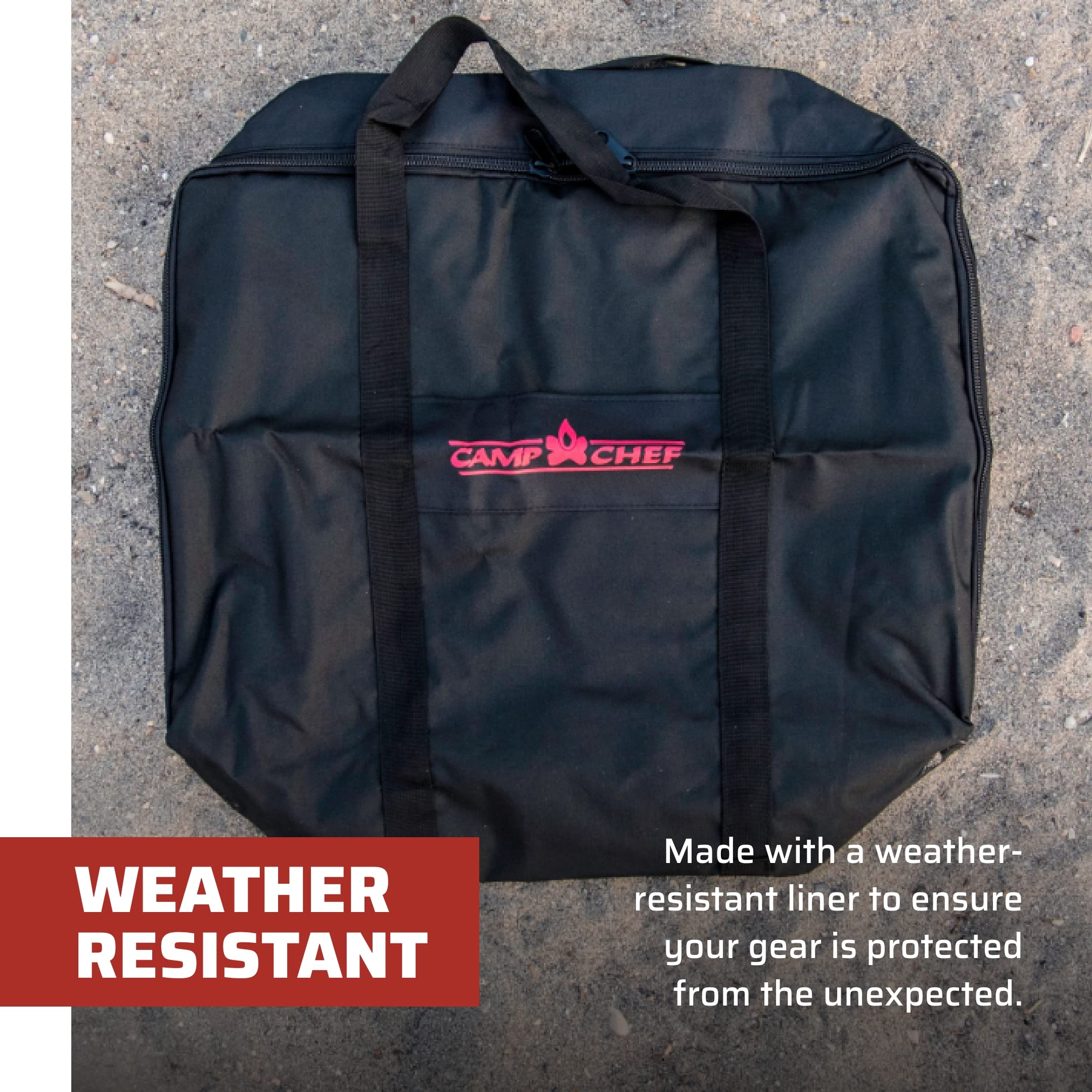 Camp Chef bag next to backpack showing scale and compact profile for vehicle packing