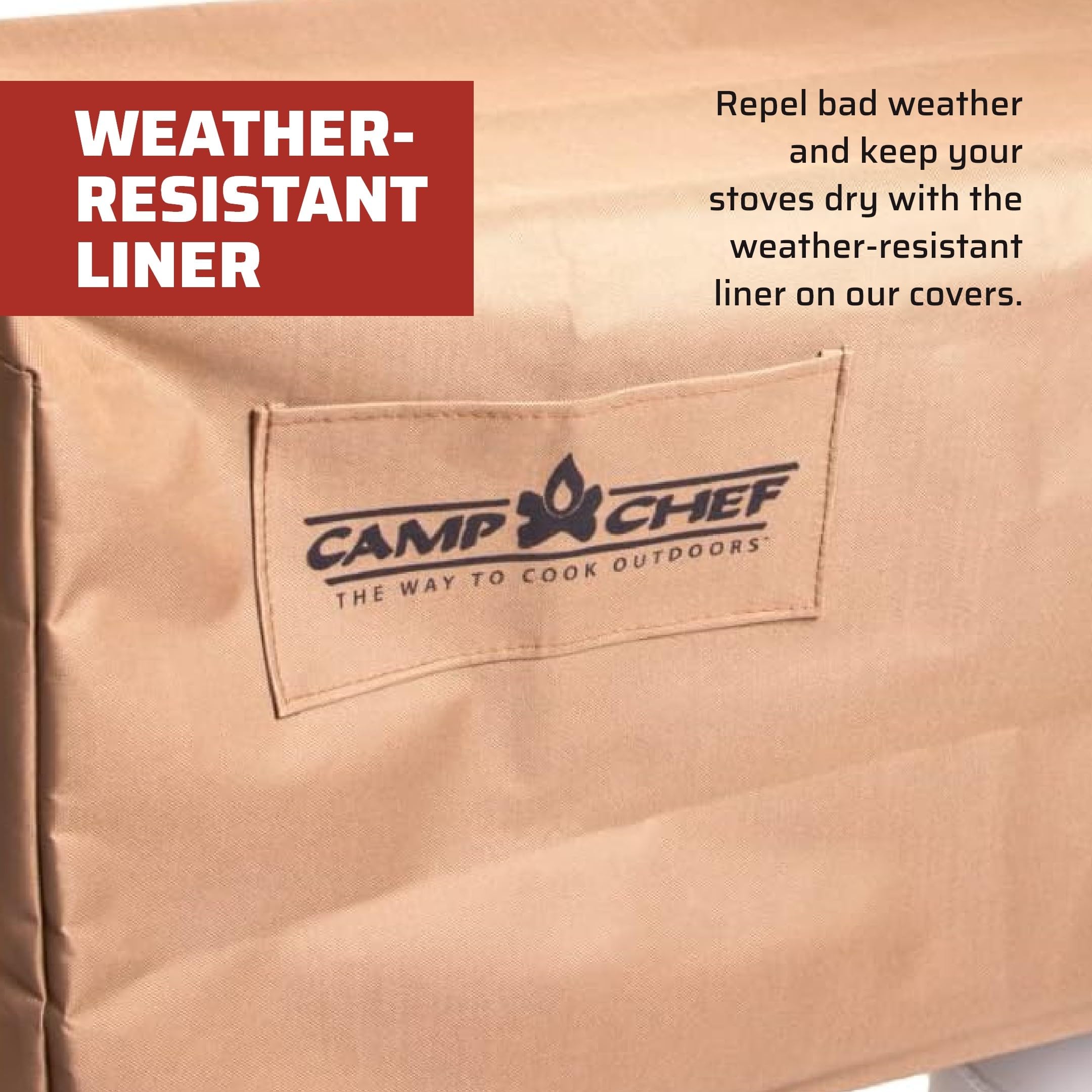 Camp Chef hooks and bungee cords fastening, keeping cover secure in wind