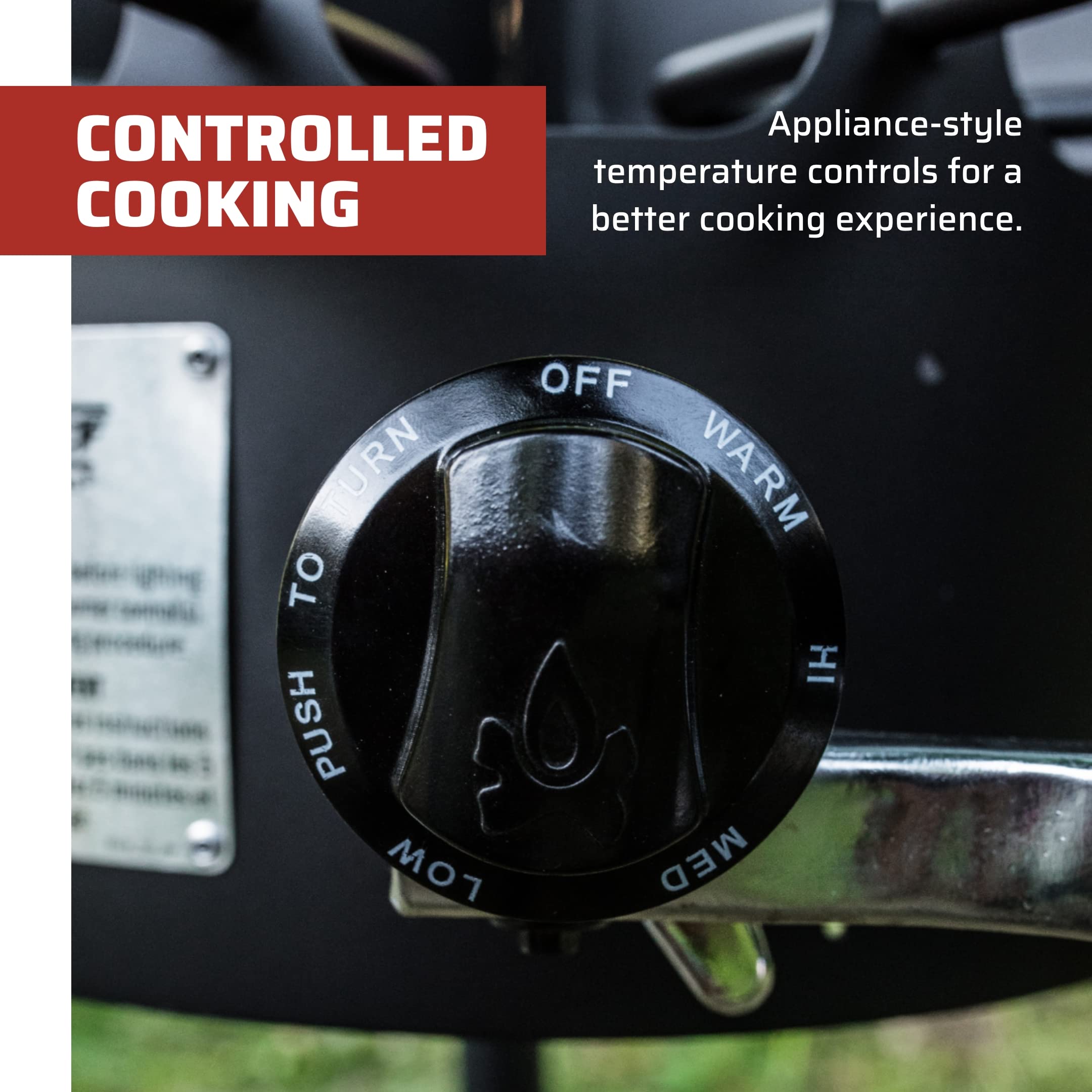 Camp Chef stove in use with griddle cooking breakfast showing high-output searing