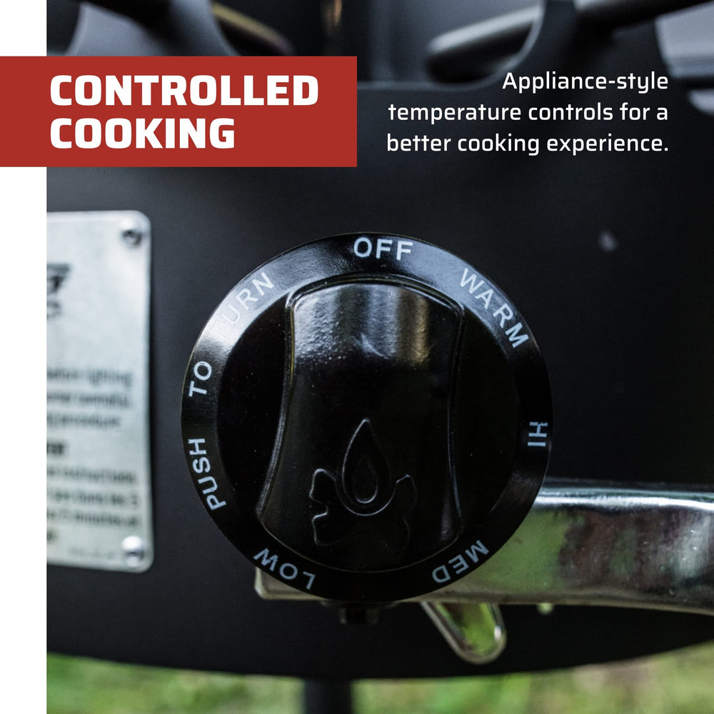 Camp Chef stove in use with griddle cooking breakfast showing high-output searing