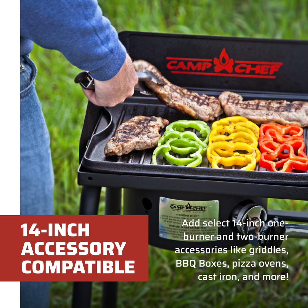 Camp Chef folding leg and hinge detail highlighting portability and stable setup