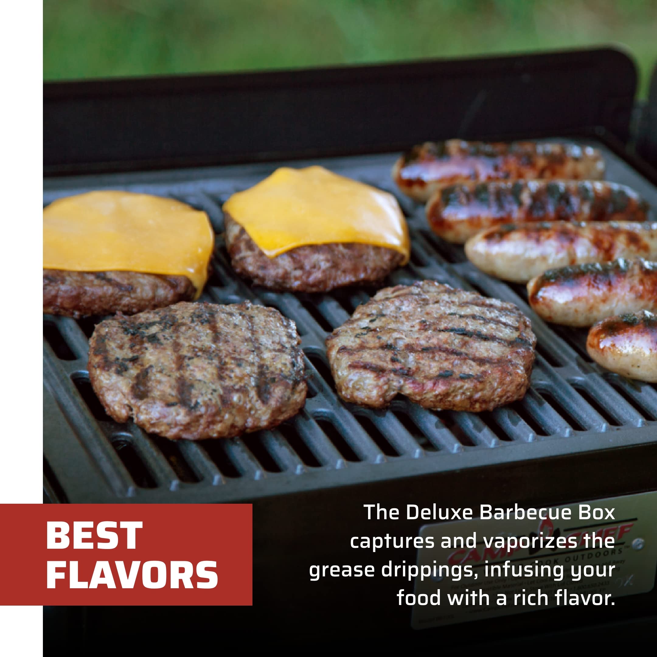 Camp Chef grill box cooking burgers at a tailgate for portable grilling