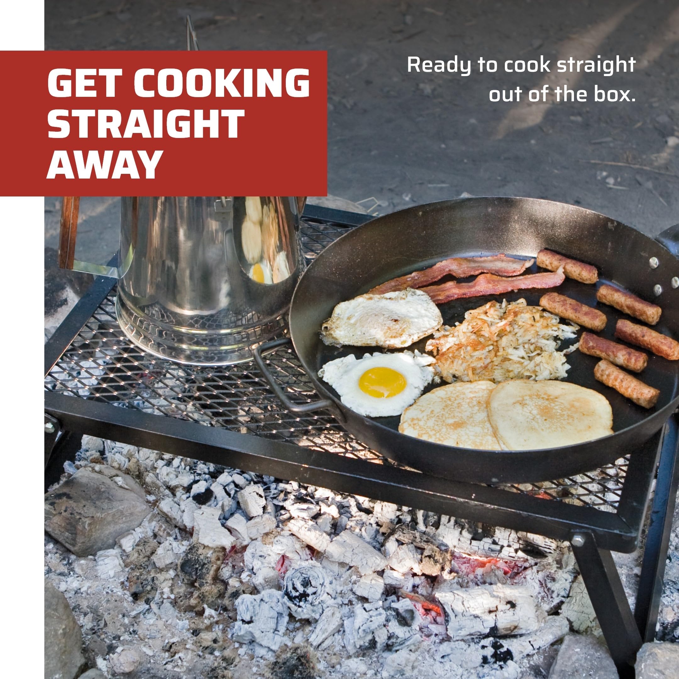 Camp Chef Lumberjack close-up of plated-steel grate highlighting even-heat cooking surface