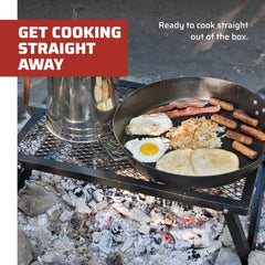 Camp Chef Lumberjack close-up of plated-steel grate highlighting even-heat cooking surface