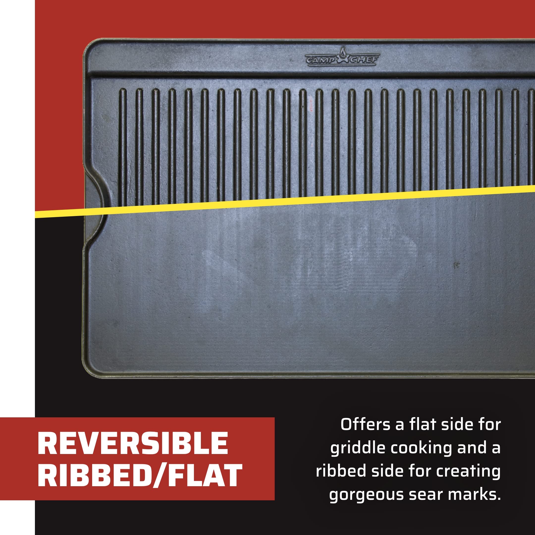 Camp Chef griddle on a camp stove in use showing even heat distribution benefit