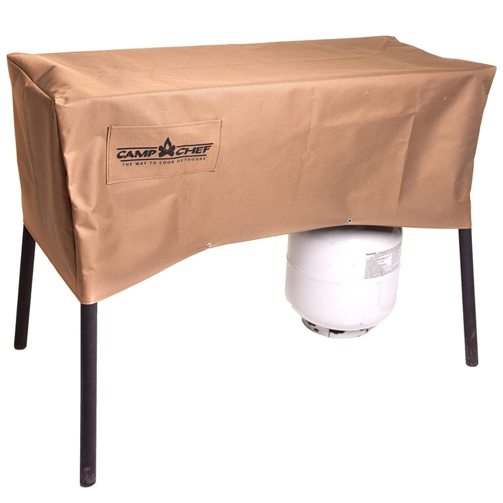 Camp Chef front view of cover on 90-inch stove protecting burners