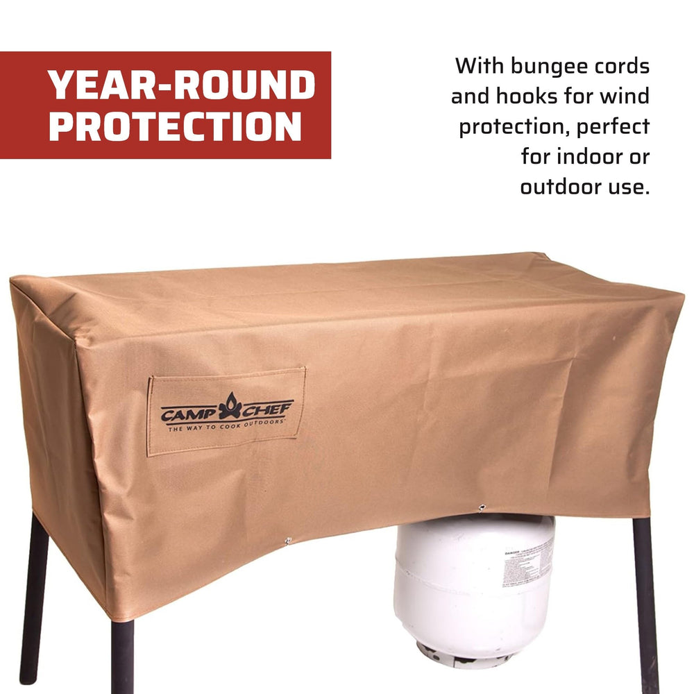 Camp Chef cover beside person showing scale for easy handling
