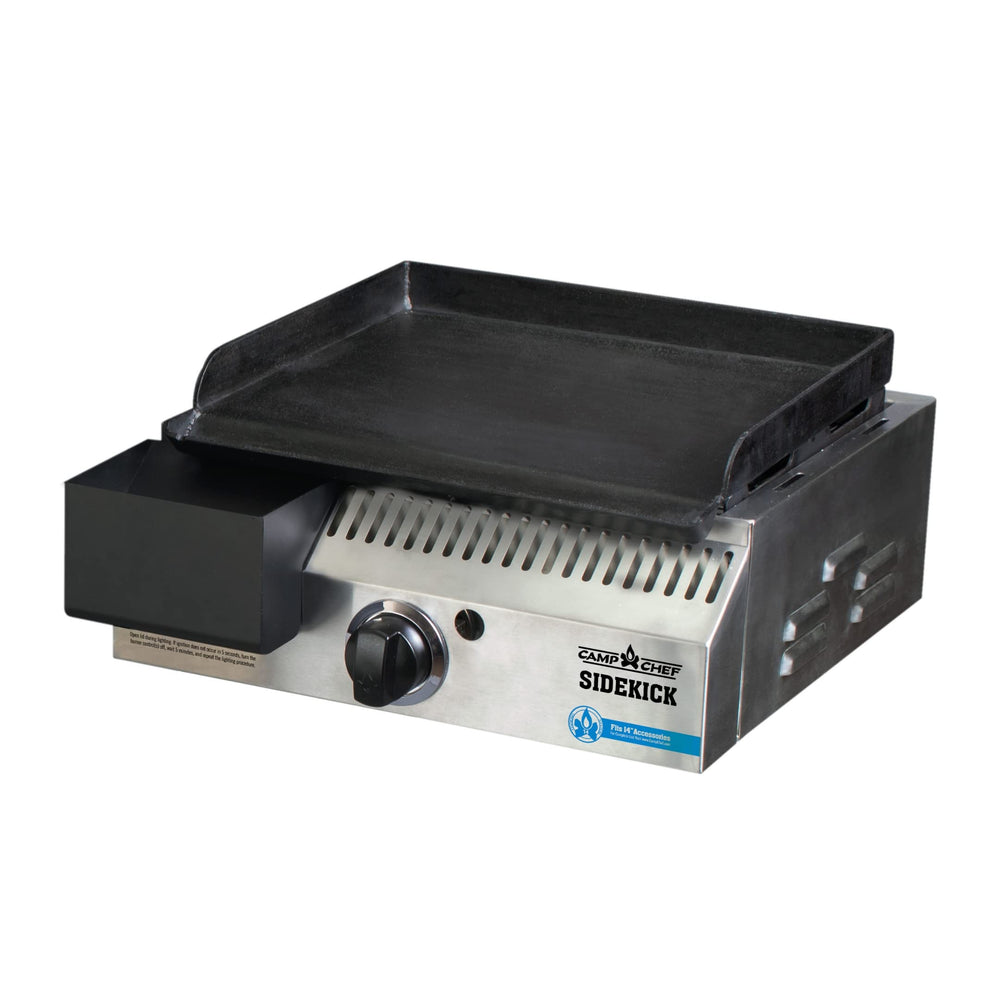 Camp Chef Sidekick front view showing compact stainless black design and mounting