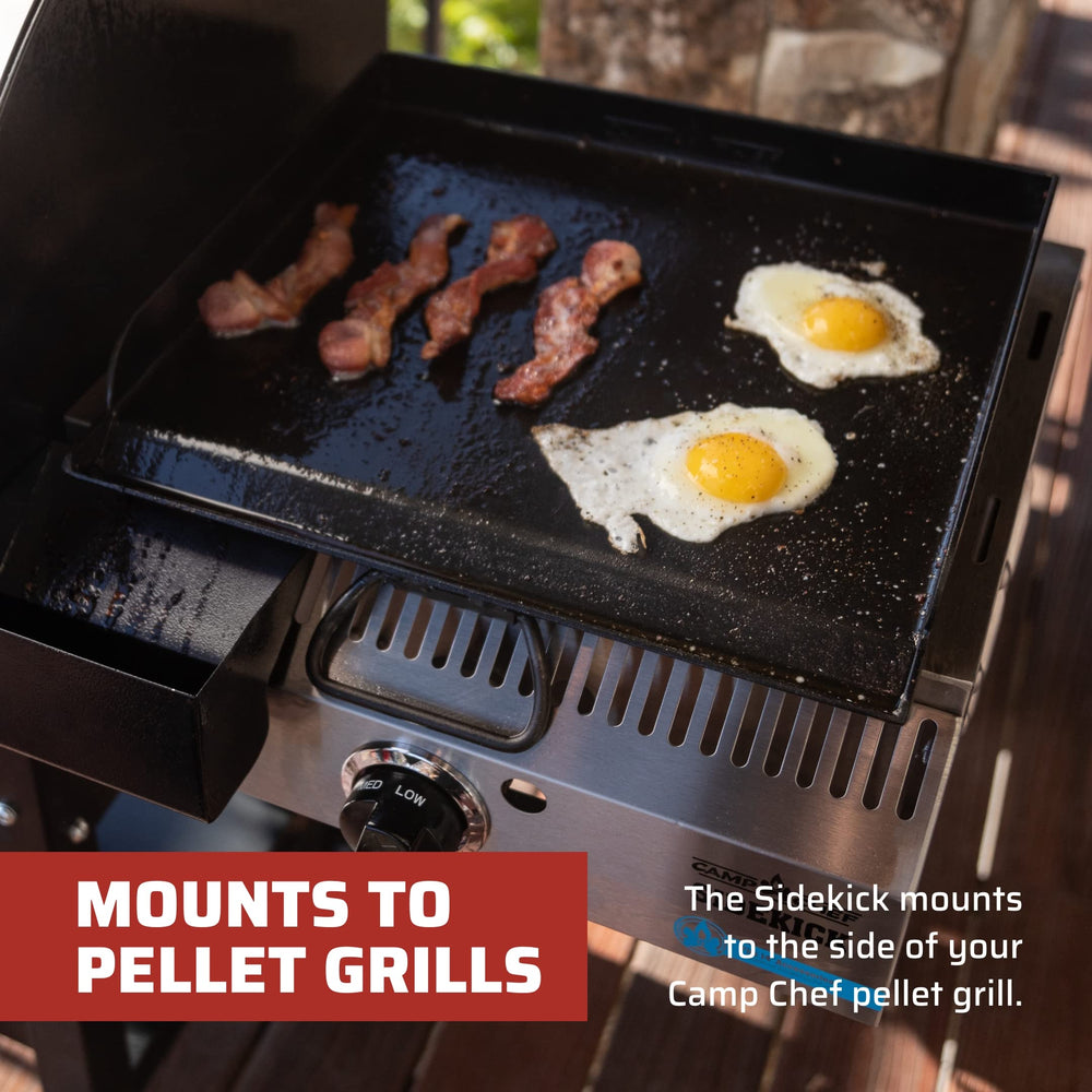 Camp Chef Sidekick mounted on pellet grill expanding cooking area and versatility