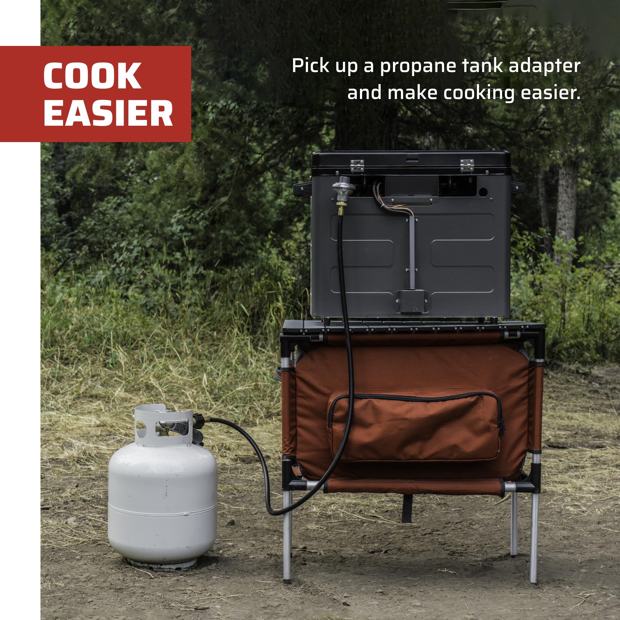Camp Chef tank connection closeup showing secure seal and reliable flow