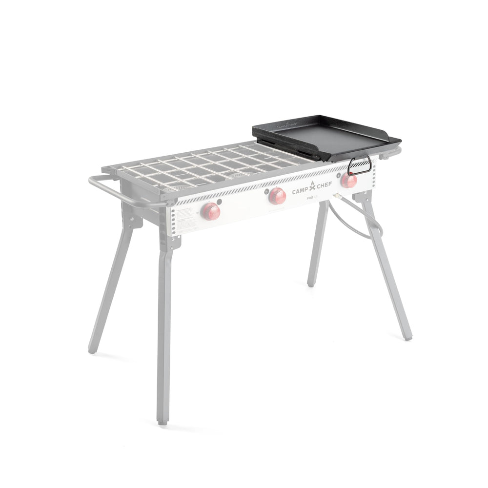 Camp Chef top surface close-up showing smooth 14x16 griddle for even searing