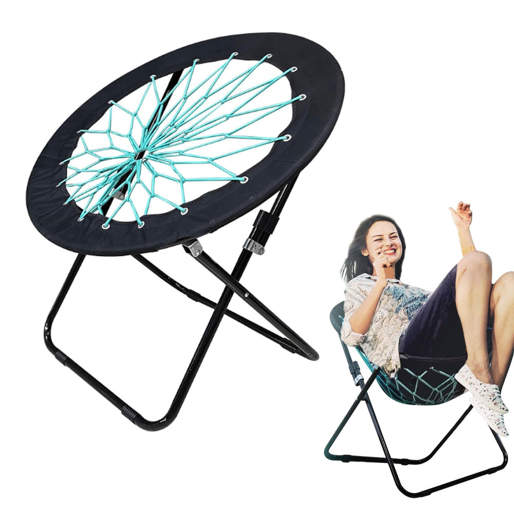 Camp Field front view showing black bungee chair and modern comfort