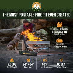 Campfire Defender open 24-inch pit ready to light, demonstrating portability