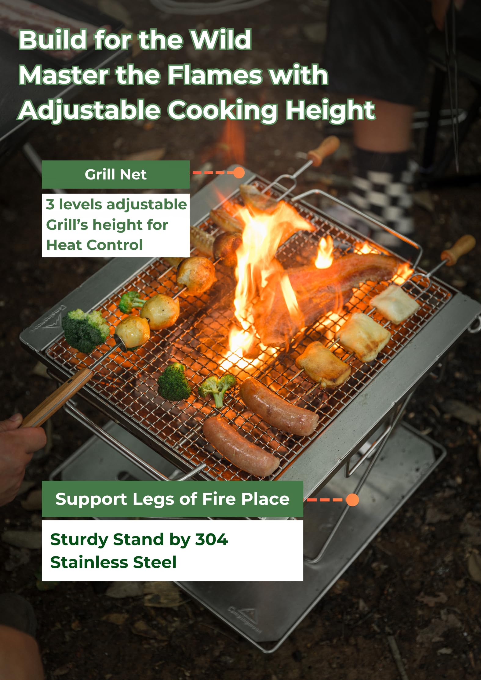camping moon adjustable leg mechanism detail highlights height control stability