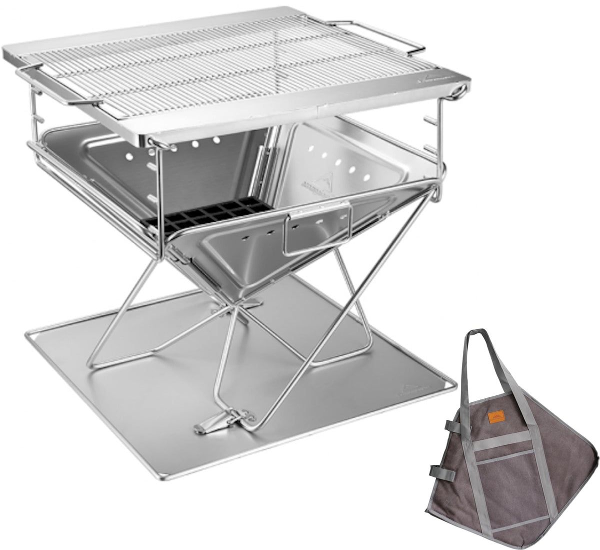 camping moon front assembled fire pit grill shows large cooking surface and portability