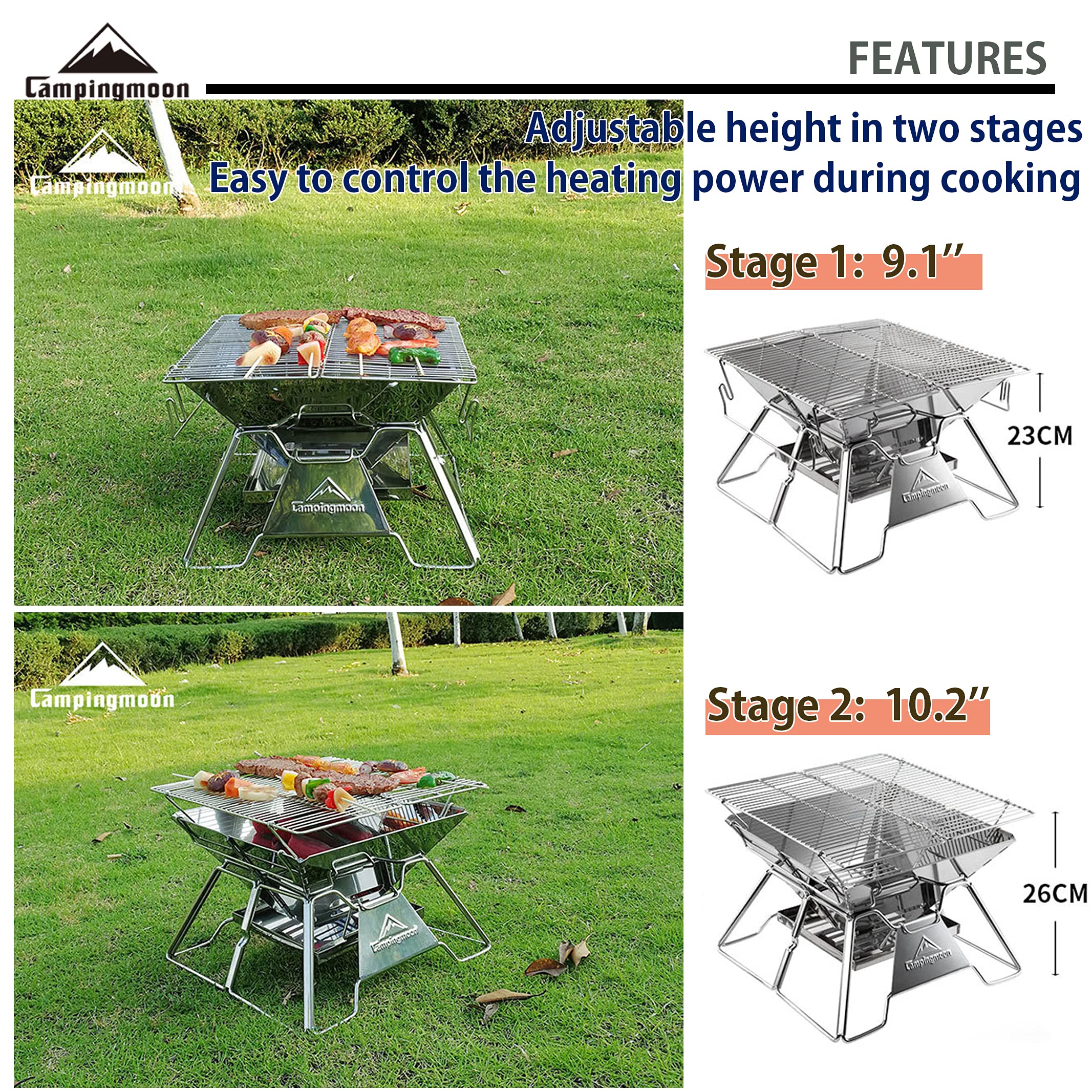camping moon demonstration of two-height grill adjustment for heat control
