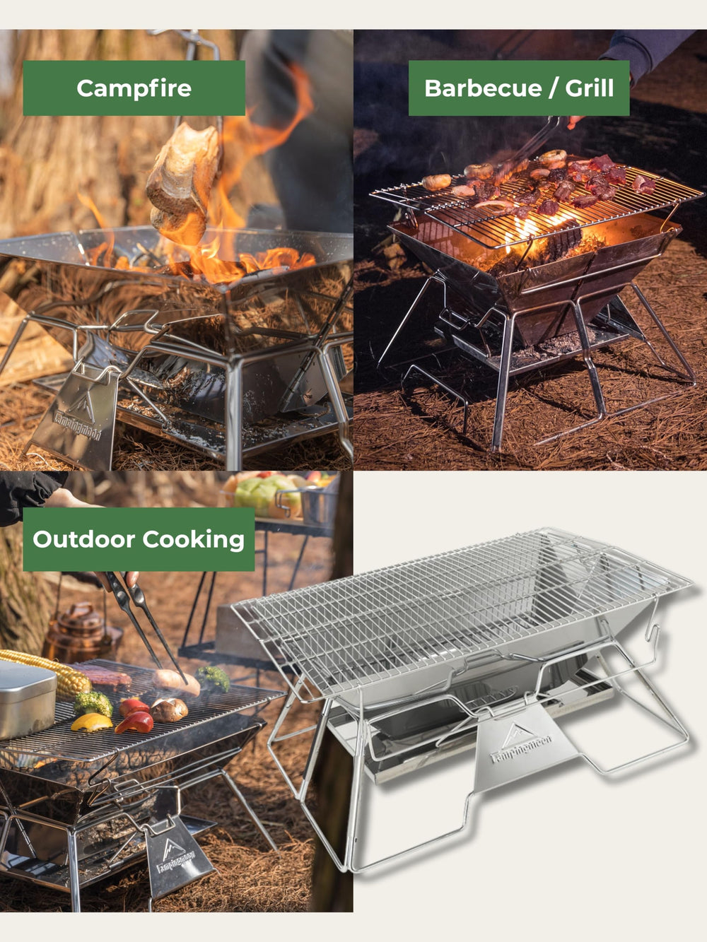 campingmoon MT-3 elevated legs protecting ground and supporting a stable fire pit for safe campsites