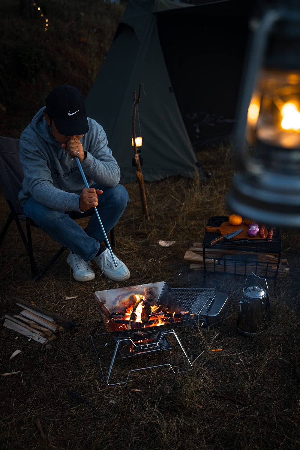 camping moon next to backpack to show portable size and travel convenience