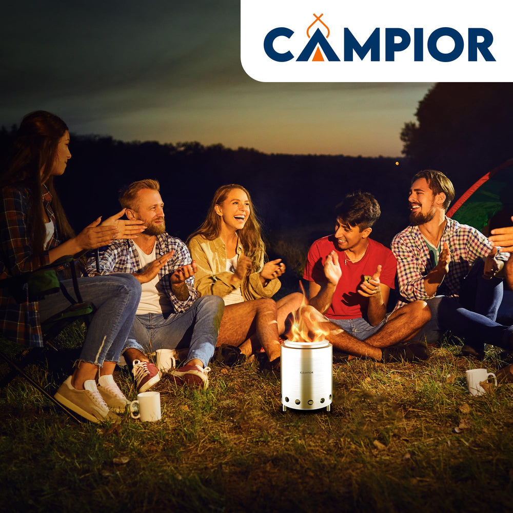 Campior on backyard table creating warm, smoke-reduced ambiance