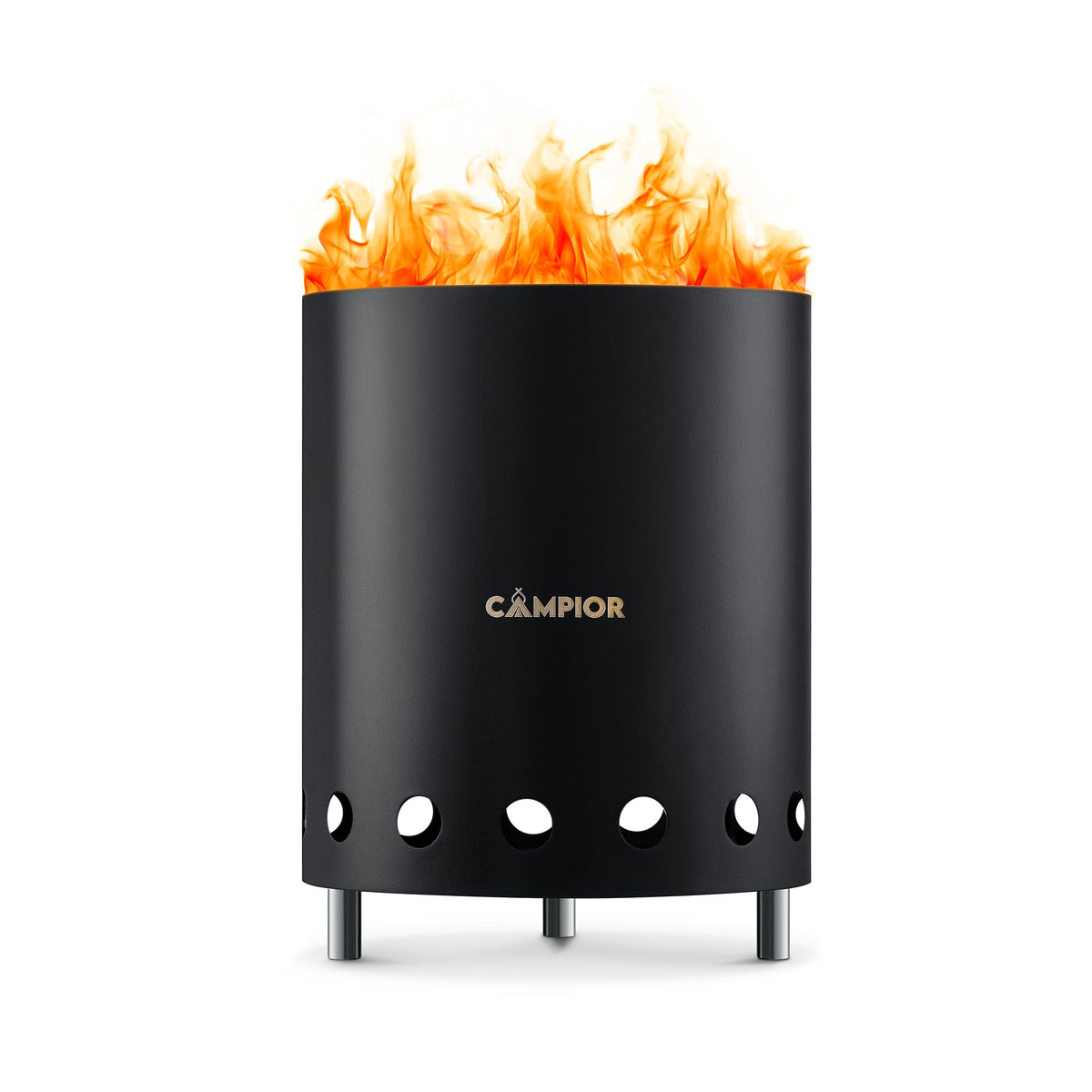 Campior front view black exterior showing sleek stove design and visual appeal